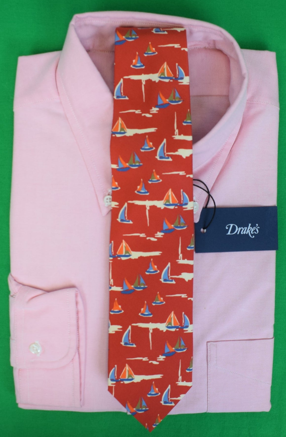 "Drake's Red Multi Sailboat Motif Silk Tie Made In England" (NWT)