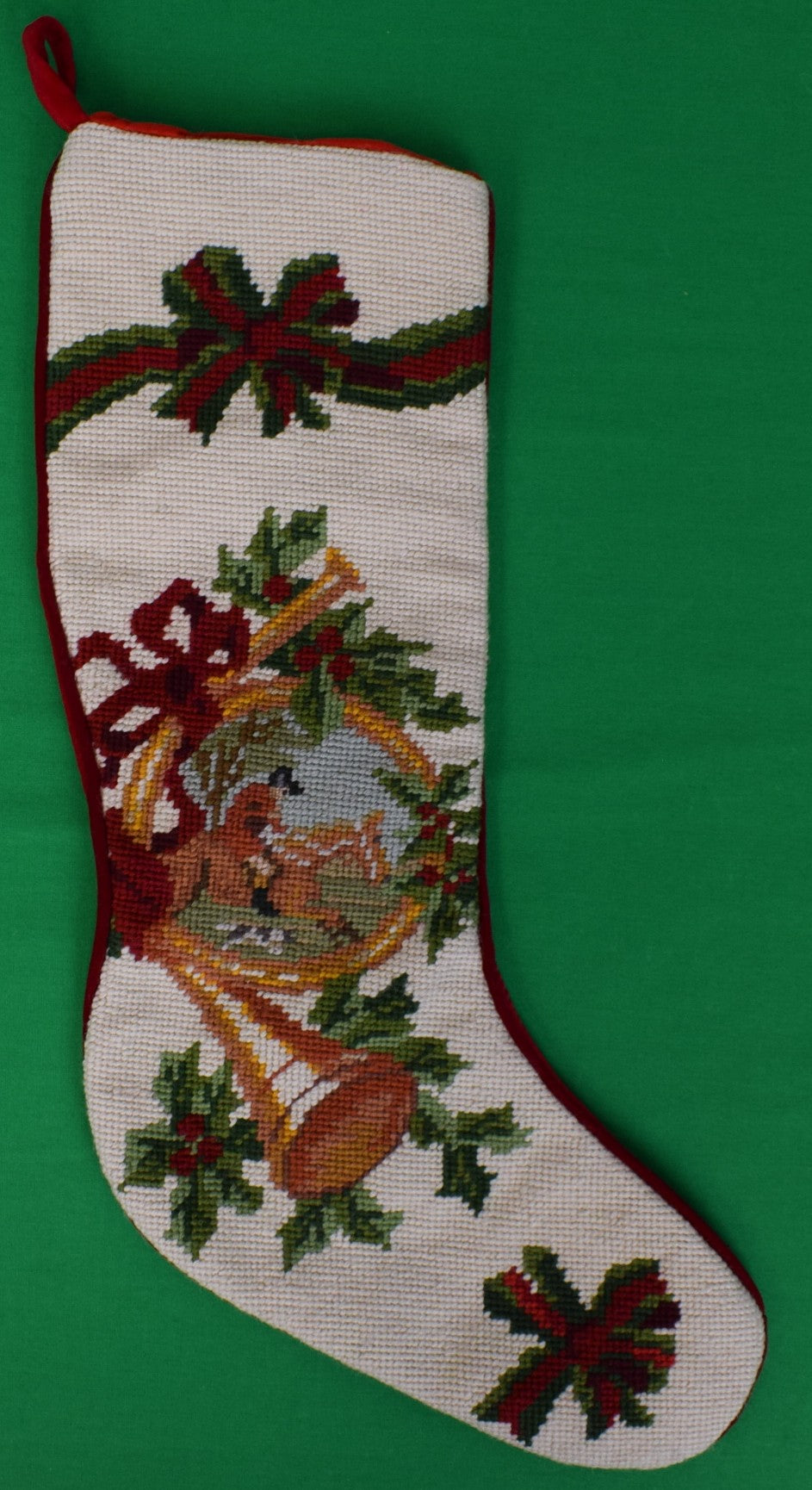 Hand Needlepoint Fox-Hunter Christmas Stocking w/ Red Velvet Backing