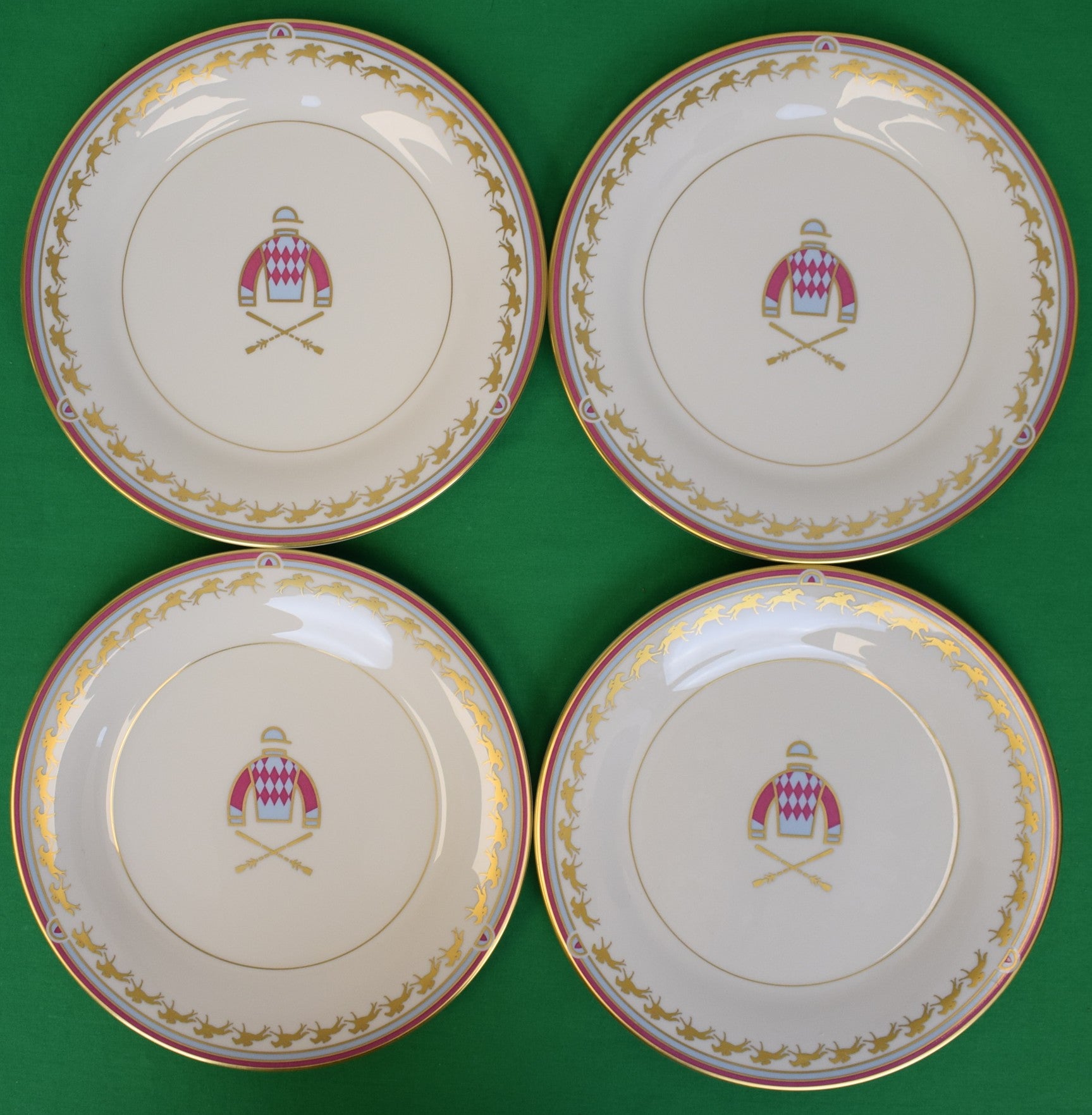 "Set x 4 Pickard Saratoga China Dinner Plates w/ Hand Painted Jockey Silks & X'd Riding Crops"