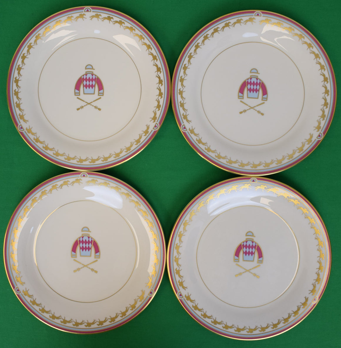 "Set x 4 Pickard Saratoga China Dinner Plates w/ Hand Painted Jockey Silks & X'd Riding Crops"
