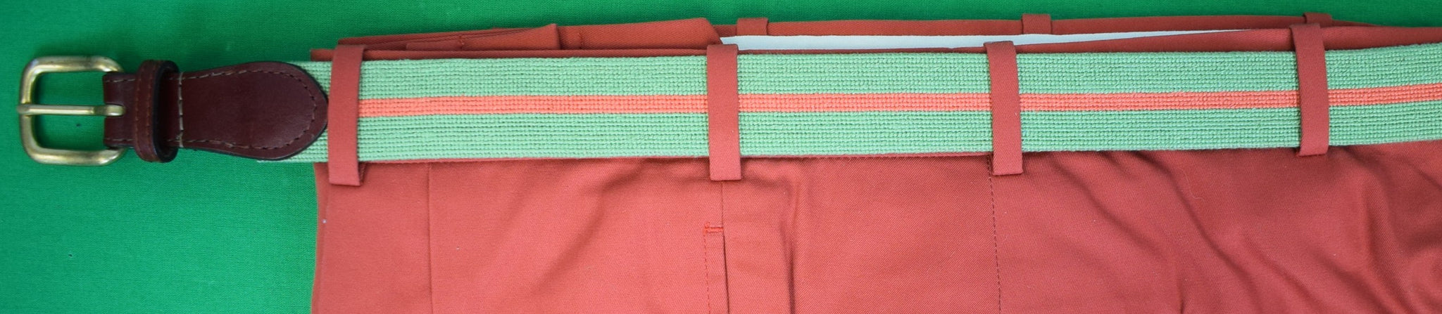 "S&B Hand Needlepoint Seafoam Green w/ Coral Red Stripe Belt" Sz: 36