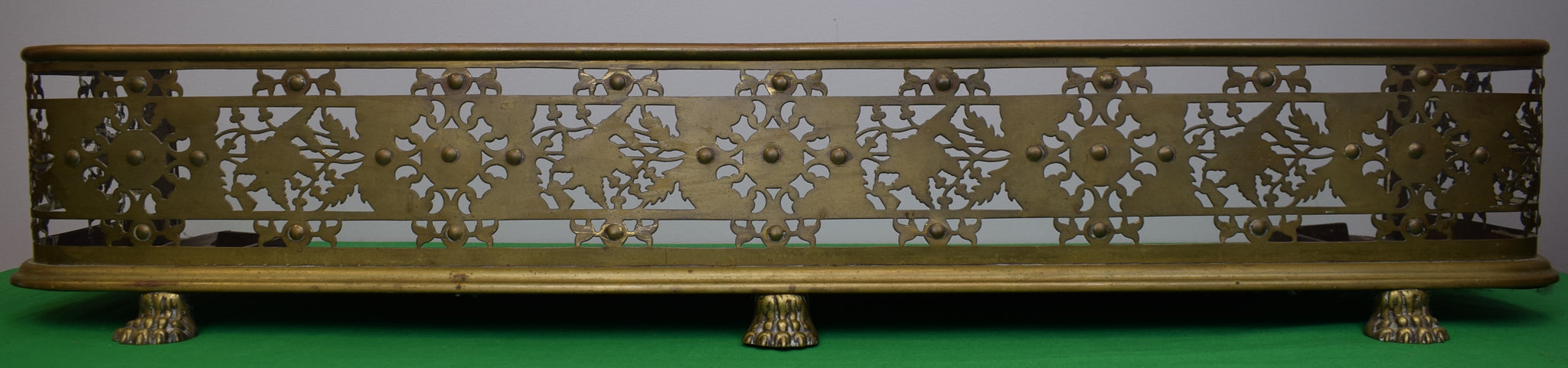 "Antique Brass Pierced Fretwork Fireplace Fender w/ Claw Feet"