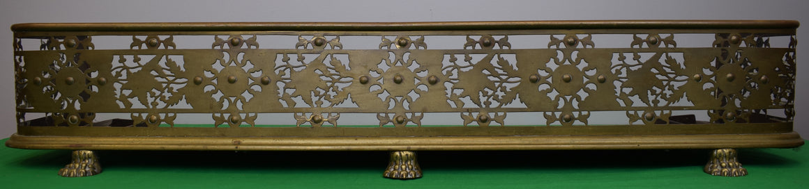 "Antique Brass Pierced Fretwork Fireplace Fender w/ Claw Feet"
