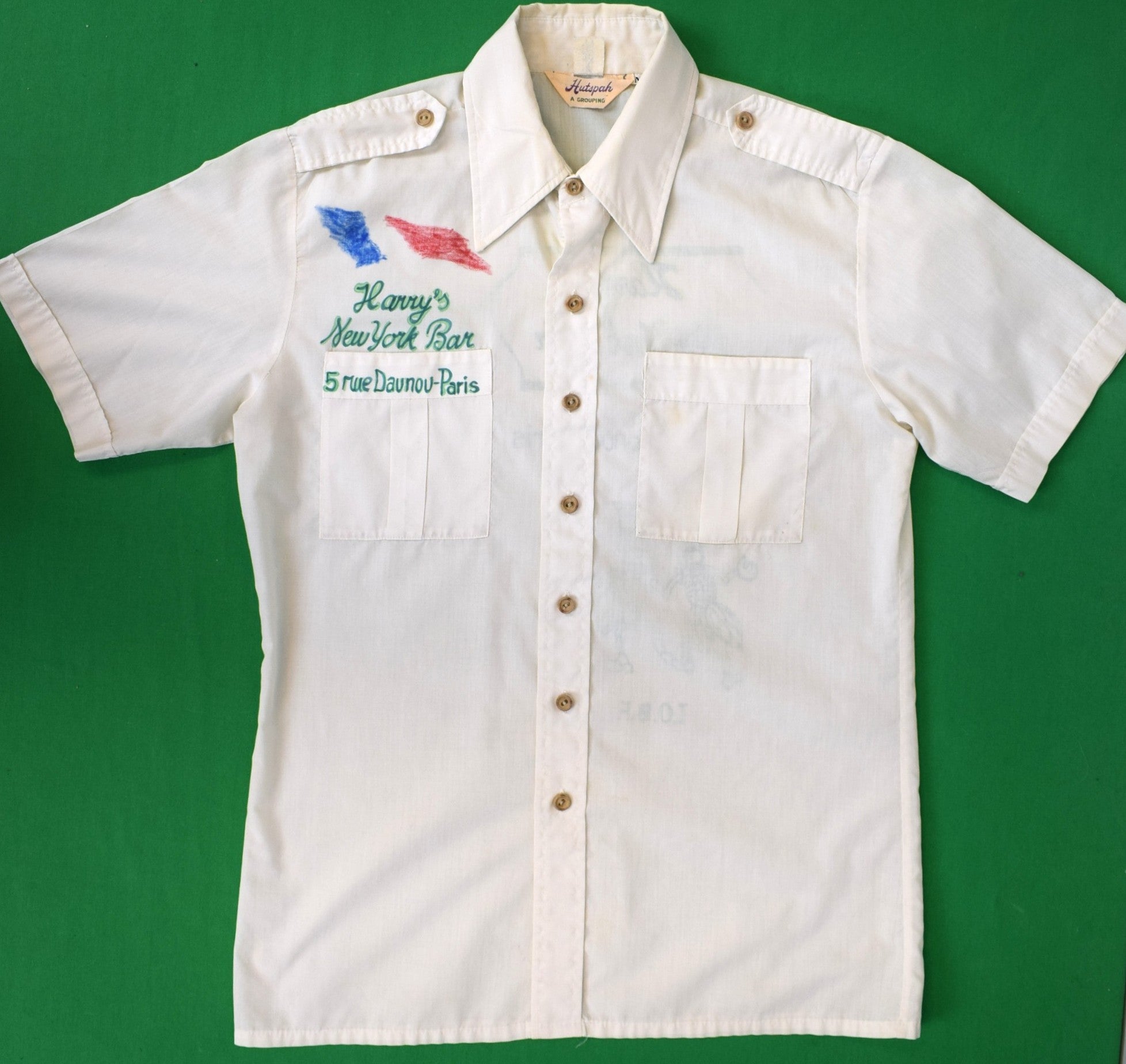 Harry's New York Bar Paris Bartender's Uniform S/S Poly/ Cotton Shirt w/ Hand Painted HNYBP Motifs Sz M