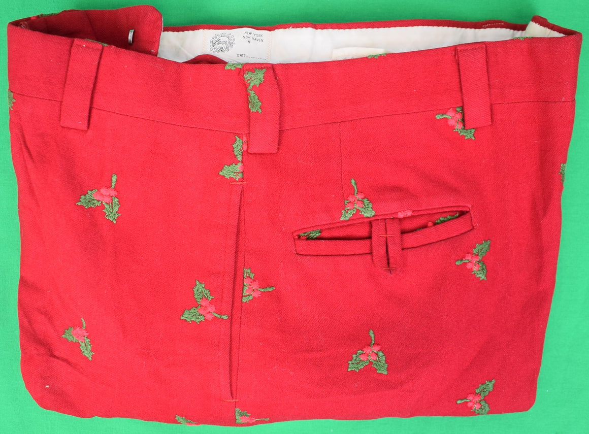 "Chipp Christmas Red Flannel Trousers w/ Embroidered Holly/ Berry Motif" Sz 40