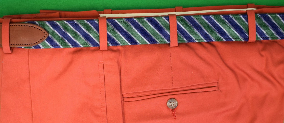"Green/ Blue Repp Stripe Hand Needlepoint Belt" Sz: 36