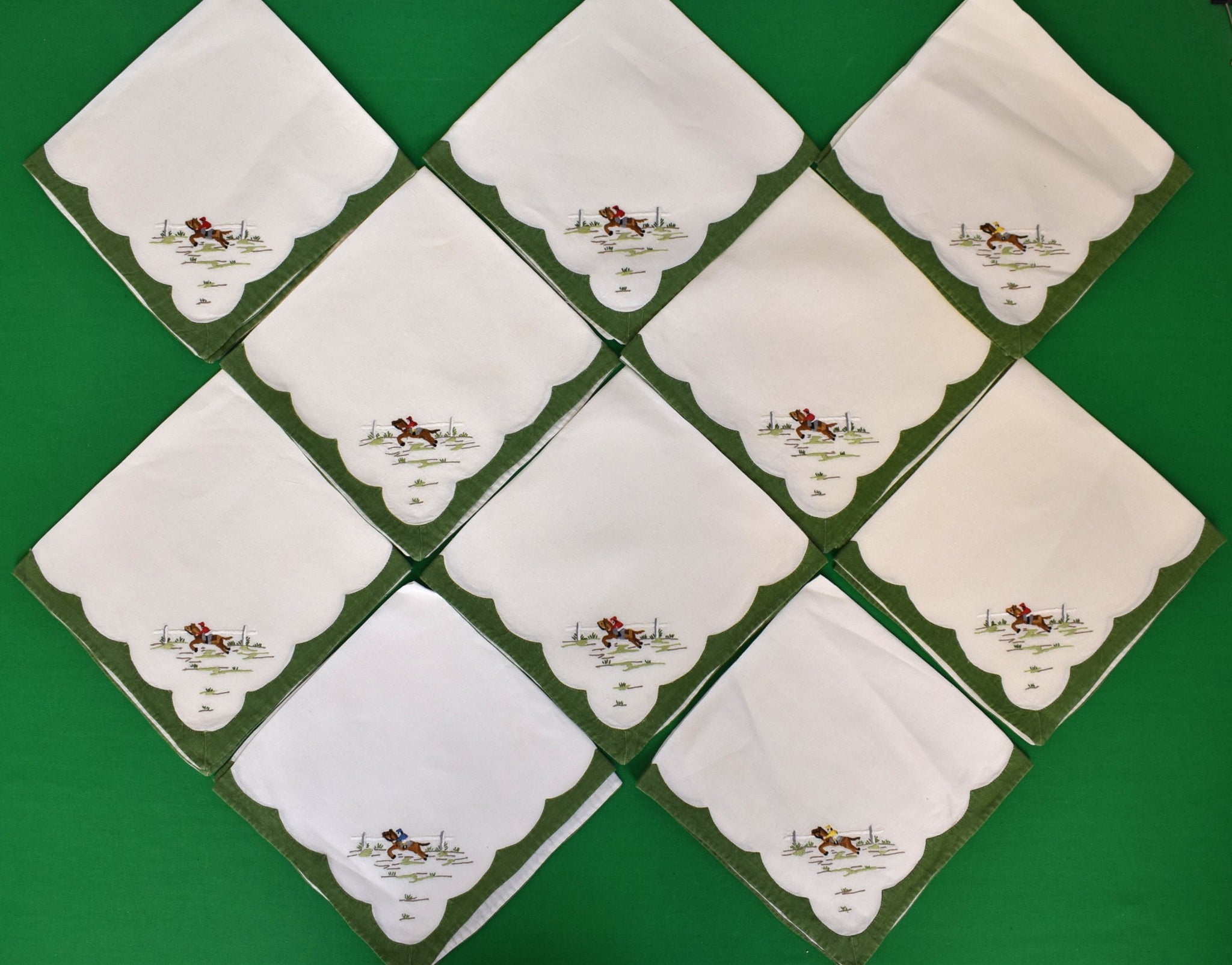 Set x 10 Madeira Linen Placemats w/ Jockey/ Race Horse Hand Embroidery & Green Scallop Border Trim Estate of Marylou Whitney