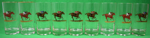 Set x 9 Hand-Painted Jockey/ Racehorse Highball Glasses