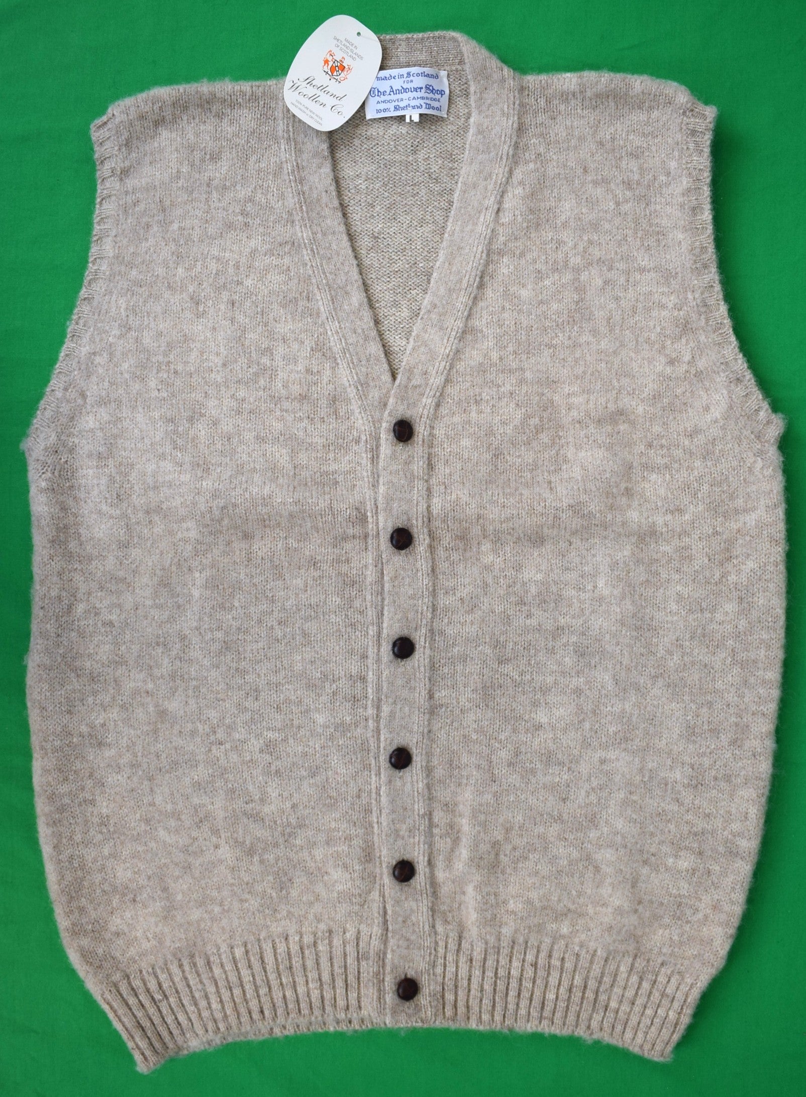 "The Andover Shop Oatmeal Scottish Shetland Wool Cardigan Vest" Sz L (NWT)