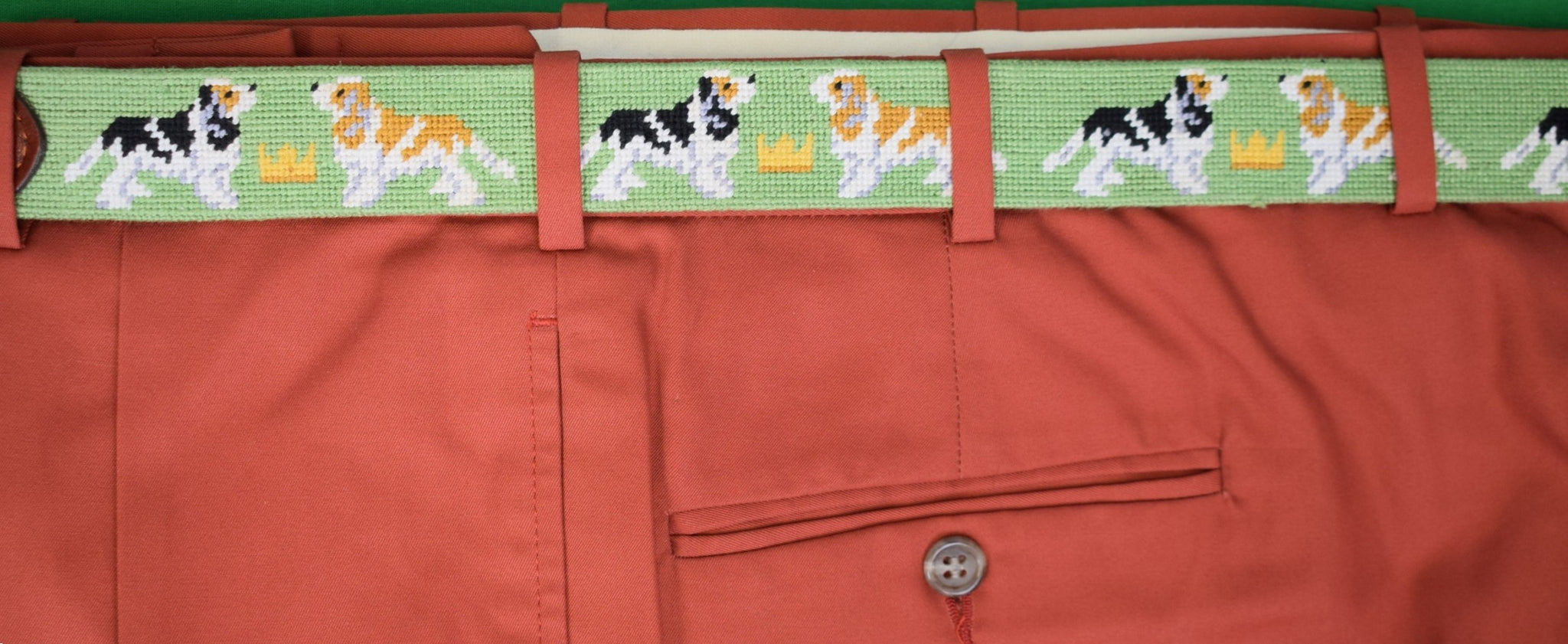 "S&B x Cavalier King Charles Spaniels (Moss) Green Needlepoint Belt" Sz 44