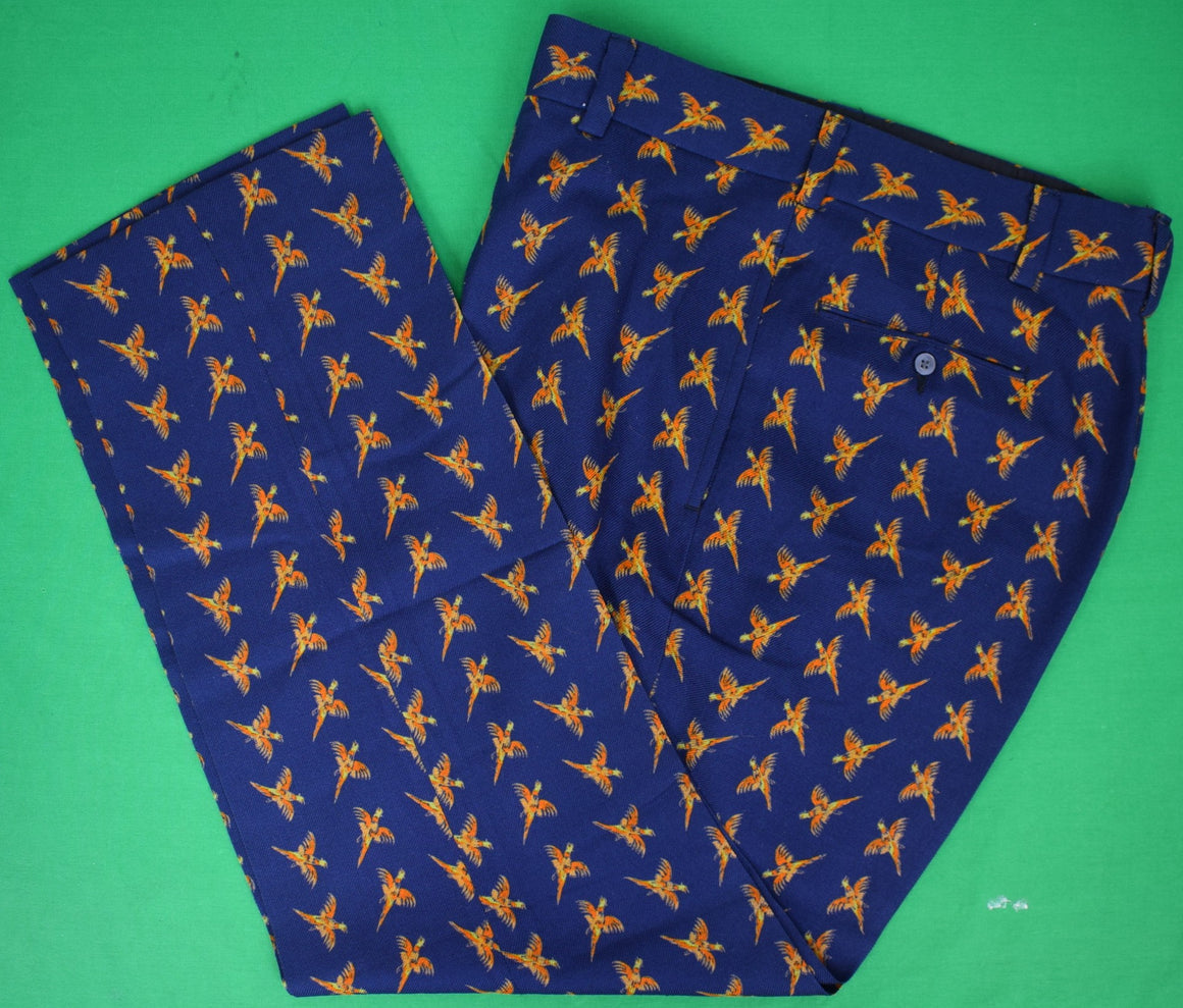 Chipp Navy Wool Challis Trousers w/ Pheasant Print Sz 36