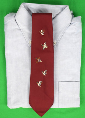 "Abercrombie & Fitch w/ 5 Embroidered Mallards On Burg Silk Tie"