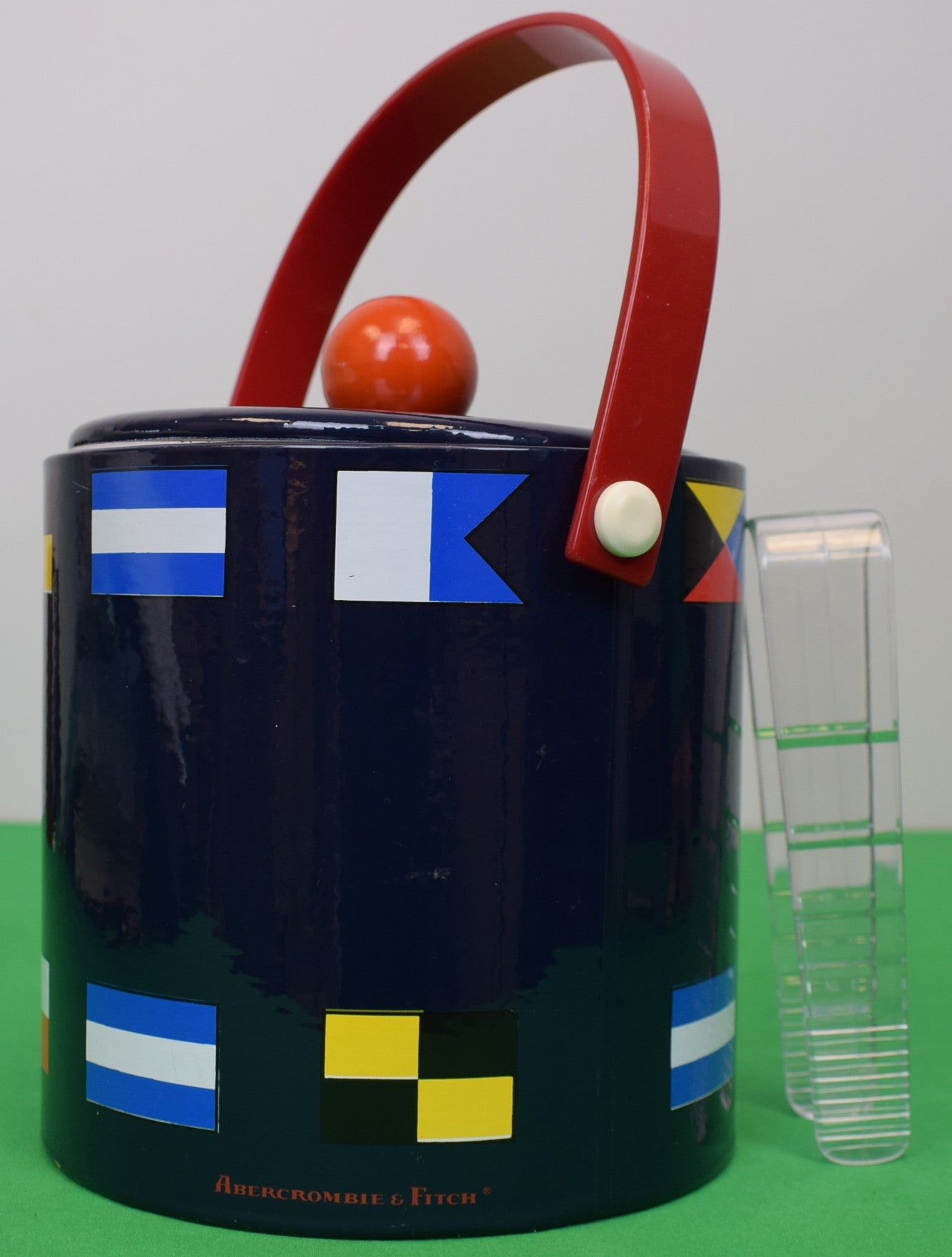 "Abercrombie & Fitch Nautical Signal Flags c1980s Navy Ice Bucket w/ Red Knob Lid & Handle w/ Tongs"