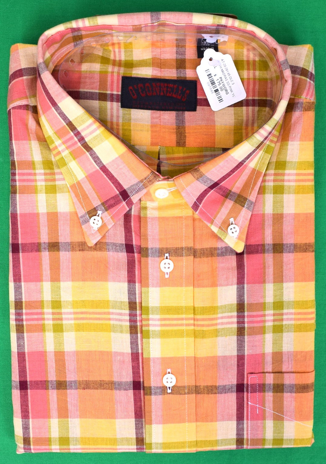 O'Connell's Authentic India Madras - Short Sleeve Shirt Pink Orange Plaid Sz XL (NWT)