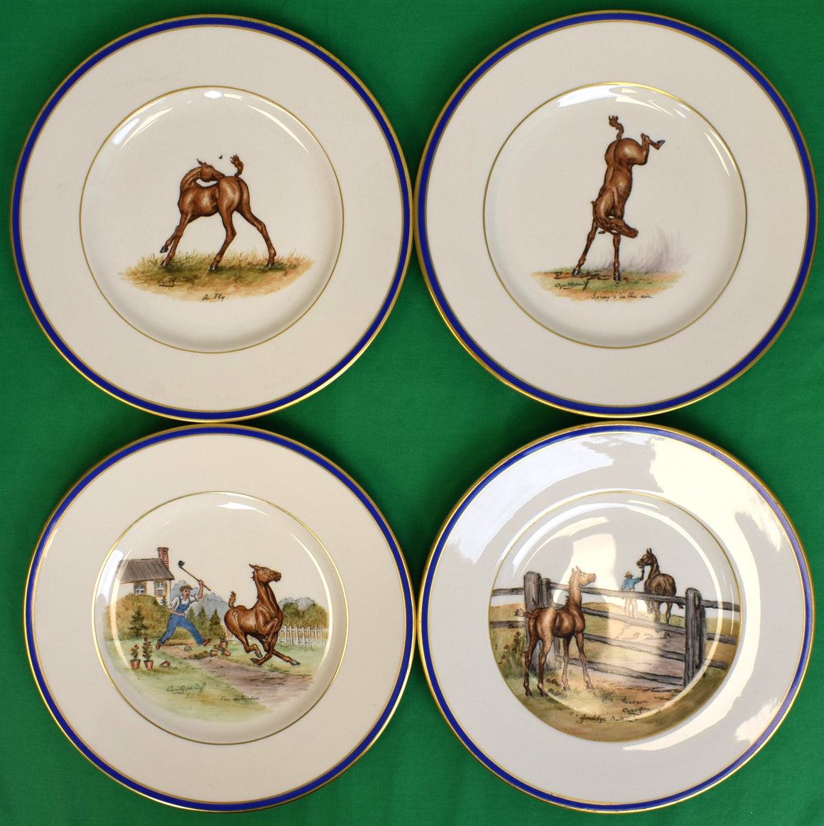 Set x 4 Cyril Gorainoff Hand Painted Equestrian Theme Dinner Plates