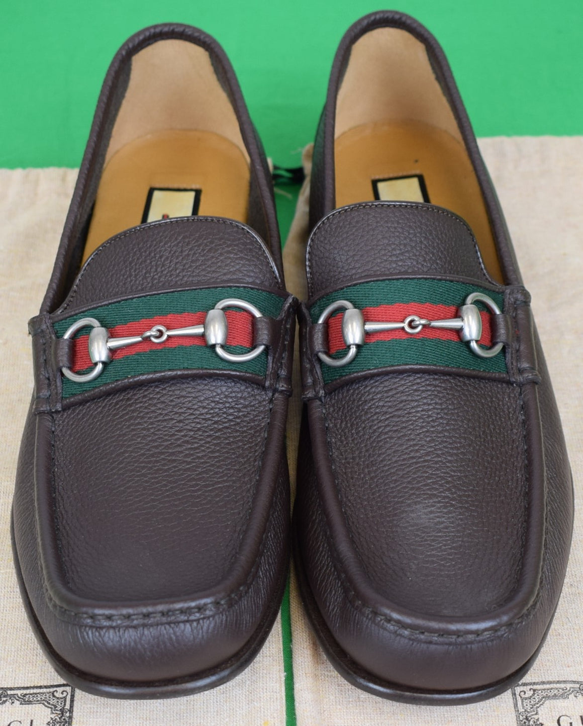 Gucci Horsebit Brown Grain Leather Loafers w/ Red/ Green Surcingle Stripe Sz 11 1/2 (New w/ Bags)