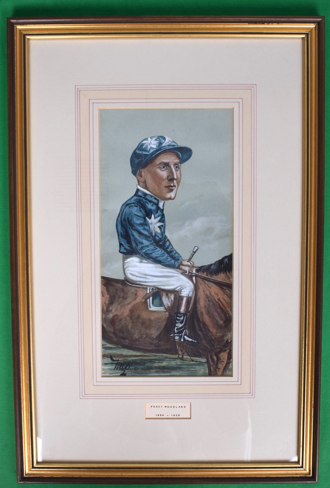 Percy Woodland (1884-1958) Jockey Pastel Watercolour Caricature Portrait by NAP