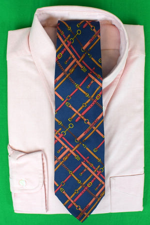 "Gucci Italy Navy w/ Red Equestrian Bridle Belts Silk Tie"