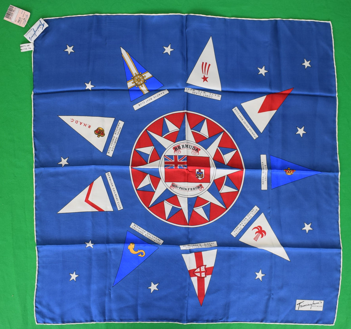 "Trimingham's Bermuda Royal Blue Silk Scarf w/ Island's 9 Yacht Club Burgees" (NWT)