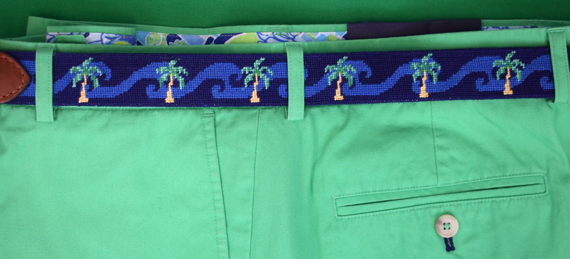 Smathers & Branson Hand Needlepoint "Waving Palms" (Dark Navy) Belt Sz 46