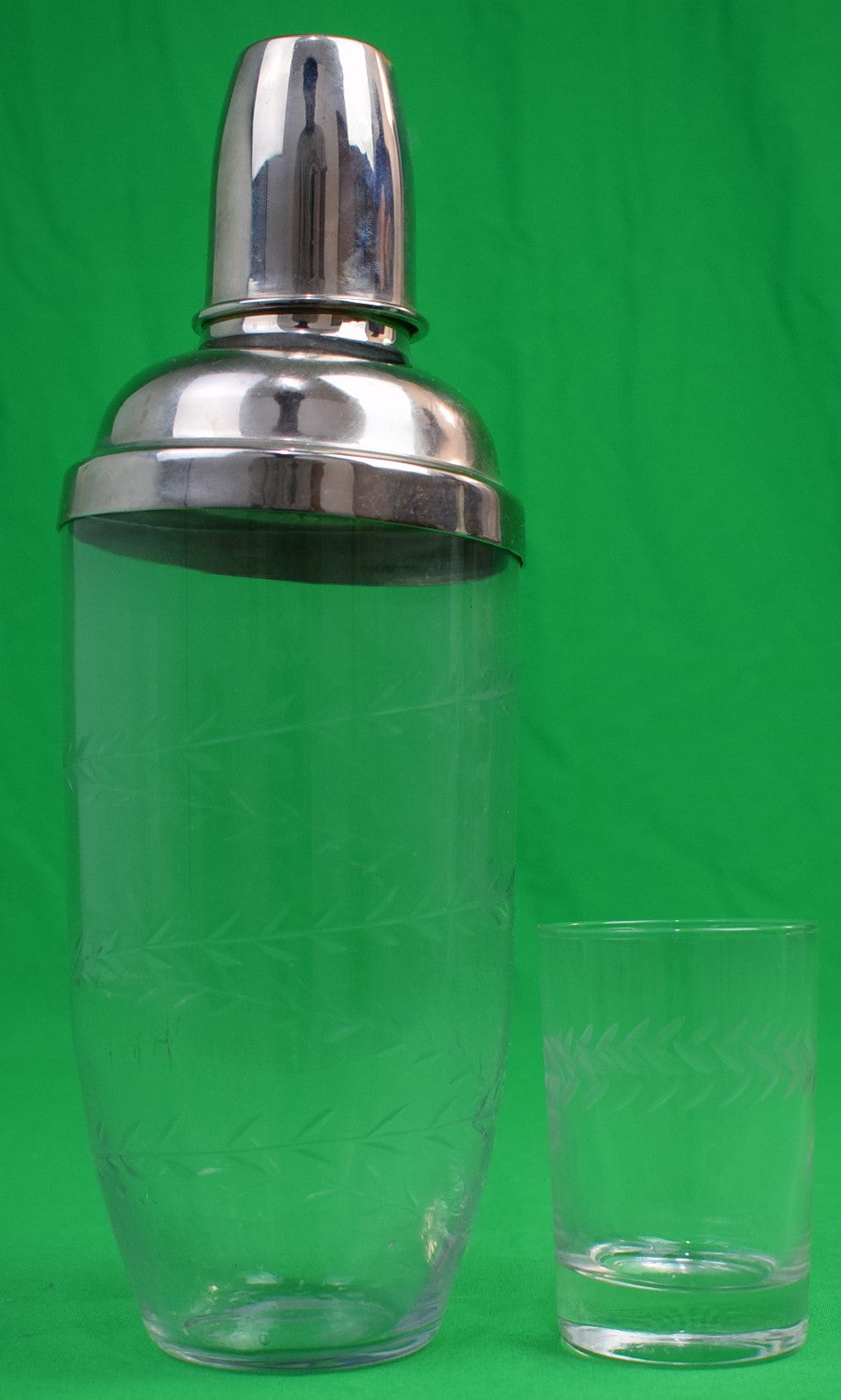 Etched Glass Cocktail Shaker w/ Chrome Lid & Shot Glass