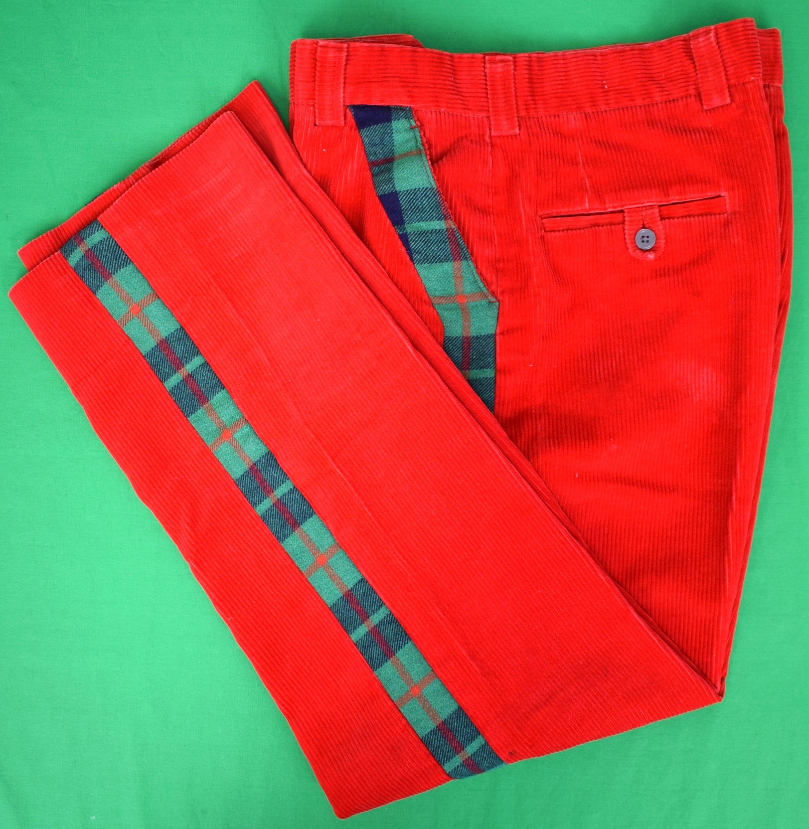 "The Andover Shop Red Corduroy Holiday Trousers w/ Green Tartan Outseam Trim" Sz 38