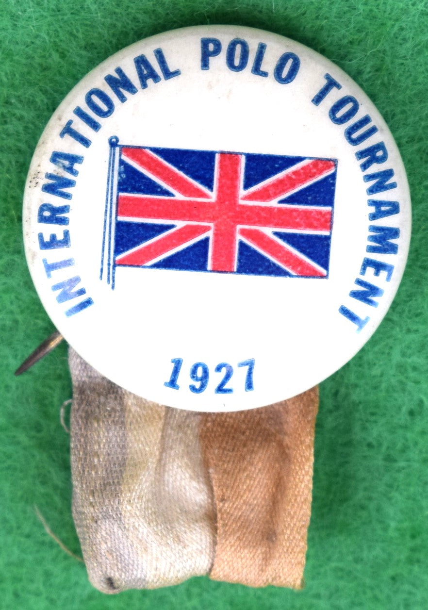 "International Polo Tournament 1927 Button w/ Union Jack Flag & Ribbon"