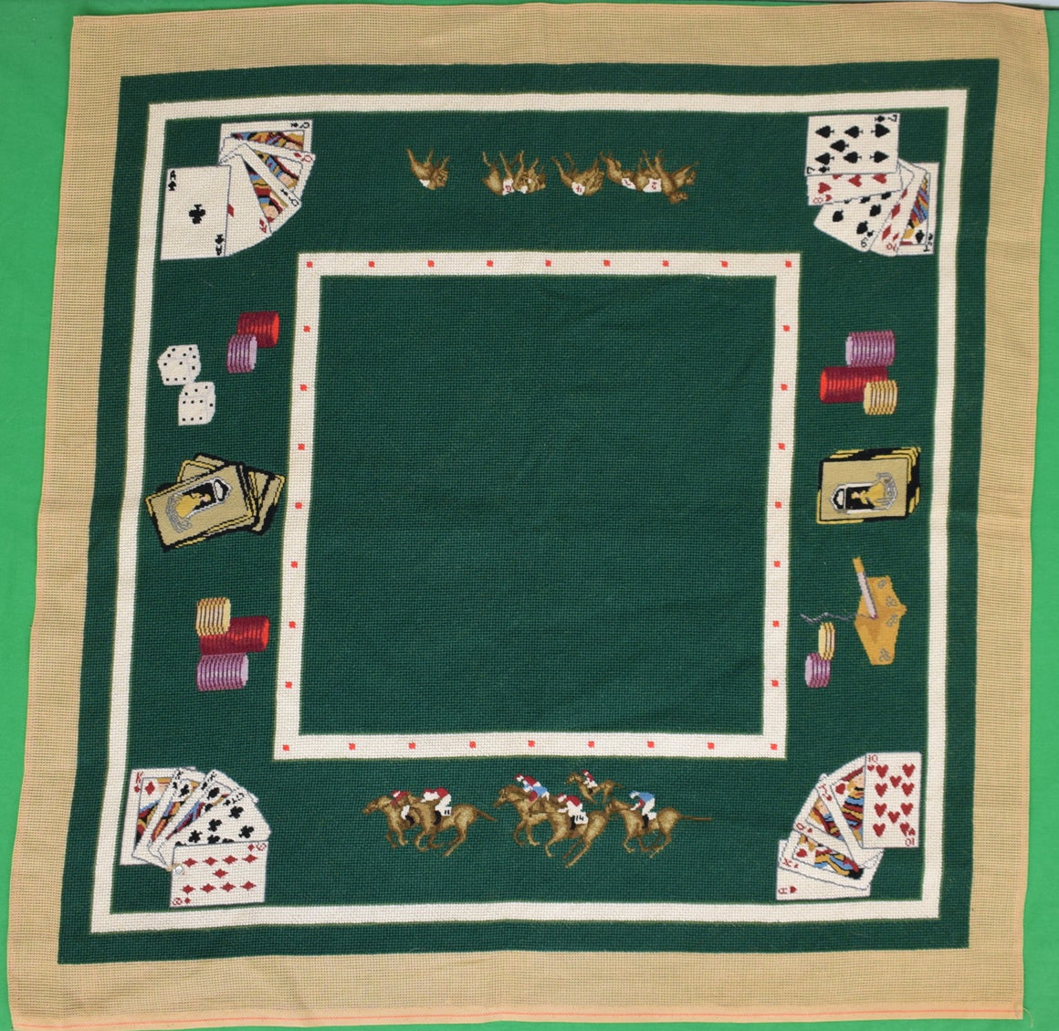 Hand-Needlepoint Bridge Card Table Cover w/ Racehorses & Playing Cards