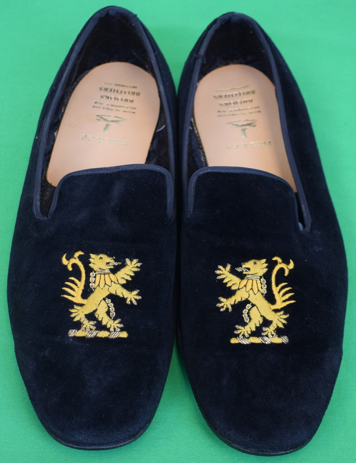 "Brooks Brothers x Peal & Co Black Velvet Slippers w/ Gold Embroidered Rampant Lion" Sz 11 1/2