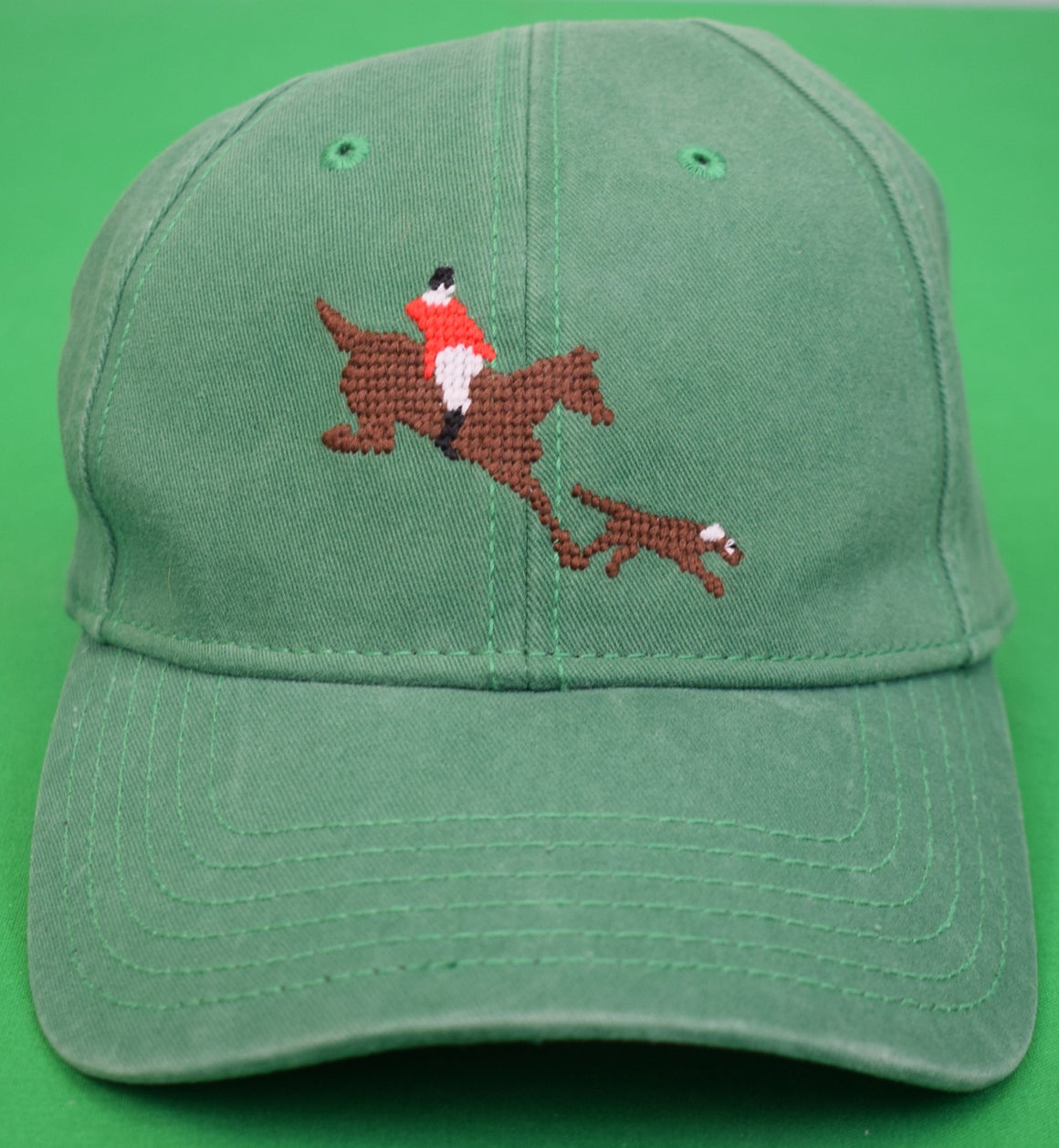 Hand Needlepoint Fox/ Hunter & Hound Green Cap (NWT)