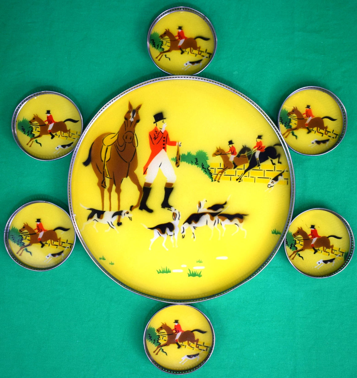 "Set x Fox-Hunt Scene Eglomise c1950s Yellow Glass Tray w/ 6 Coasters" (New/ Old Stock)