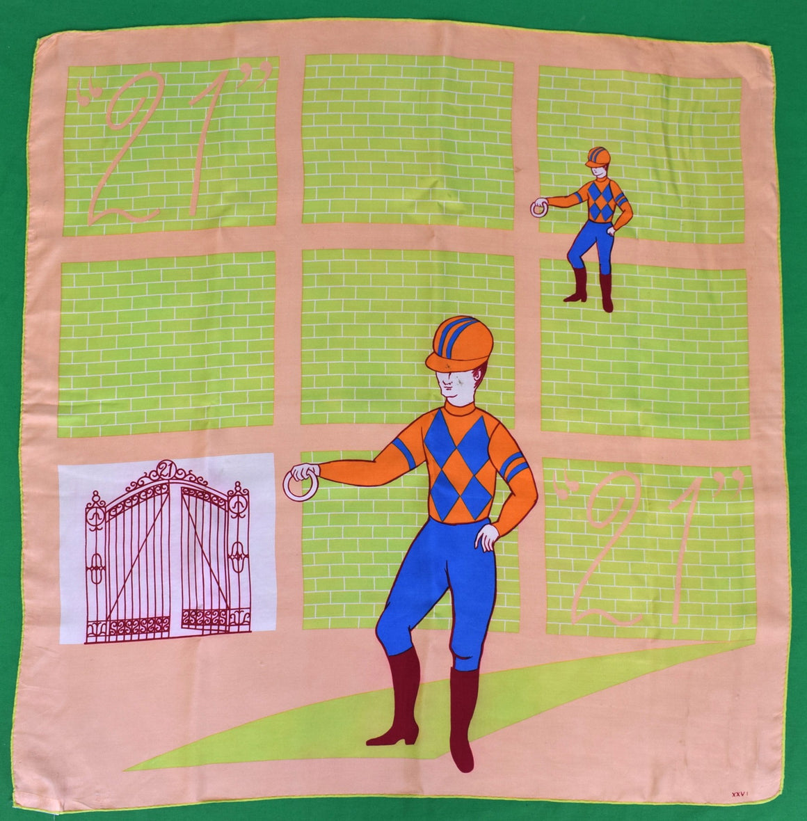 The "21" Club Lime & Peach Silk Scarf w/ Jockey Logo XXV