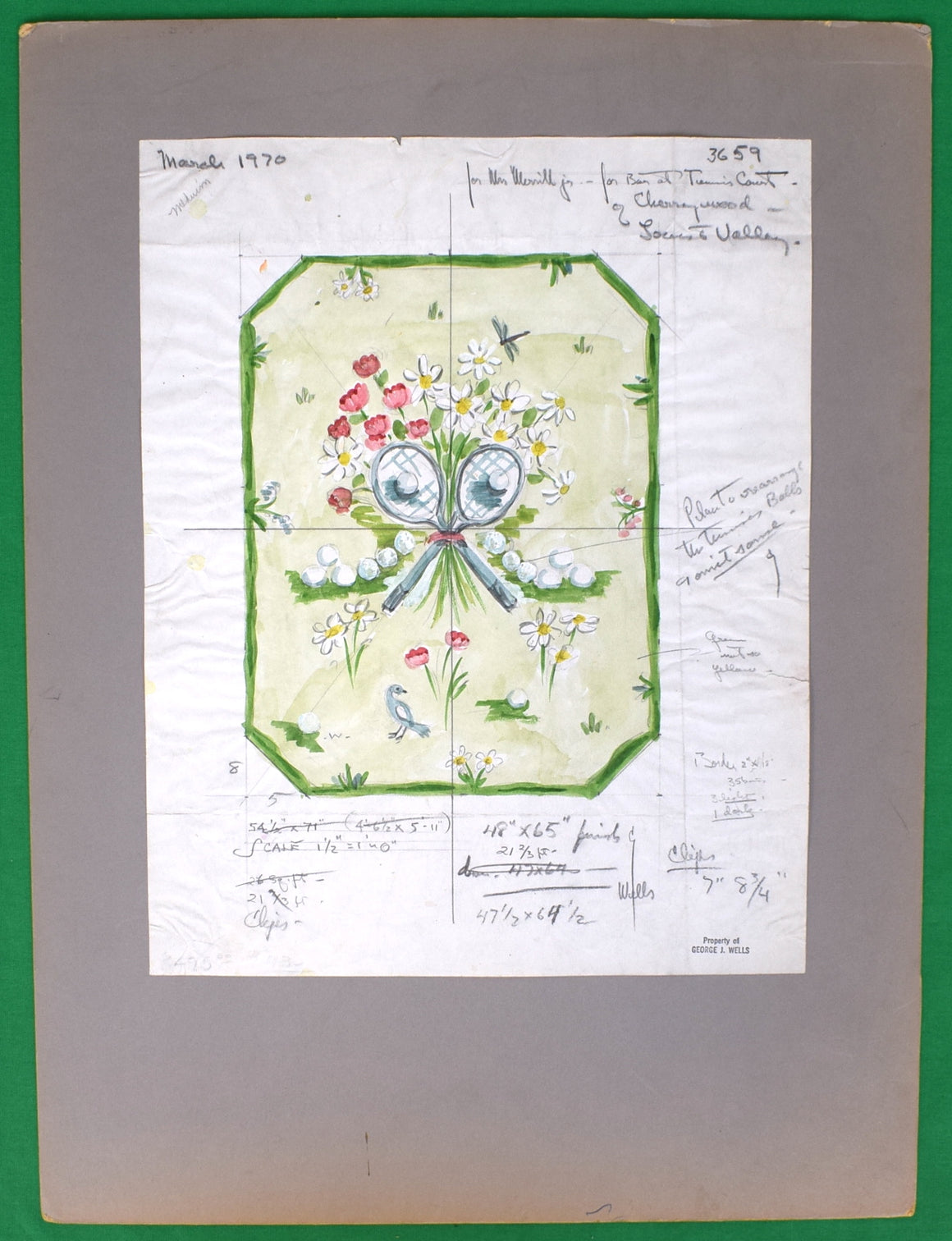 Watercolor Design for a Celadon Rug w/ X'd Tennis Racquets 1970 by George Wells (1906–1988)