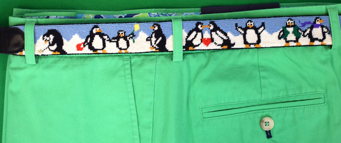 Hand-Needlepoint Belt w/ Penguin Motif Sz 38
