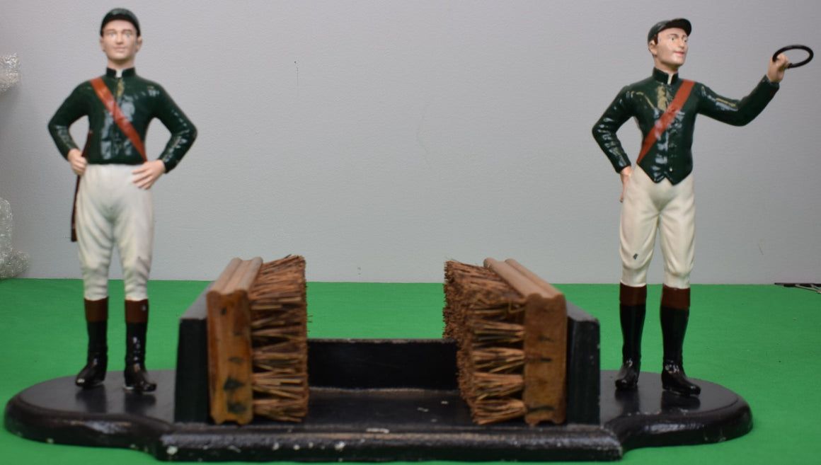 Pair x Hand Painted Hunter Green w/ Red Diagonal Sash Jockeys w/ Bristle Brush Riding Boot Scraper
