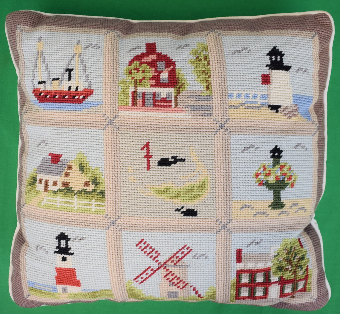 "Erica Wilson Hand Needlepoint Nantucket 9-Panel Sampler Pillow"