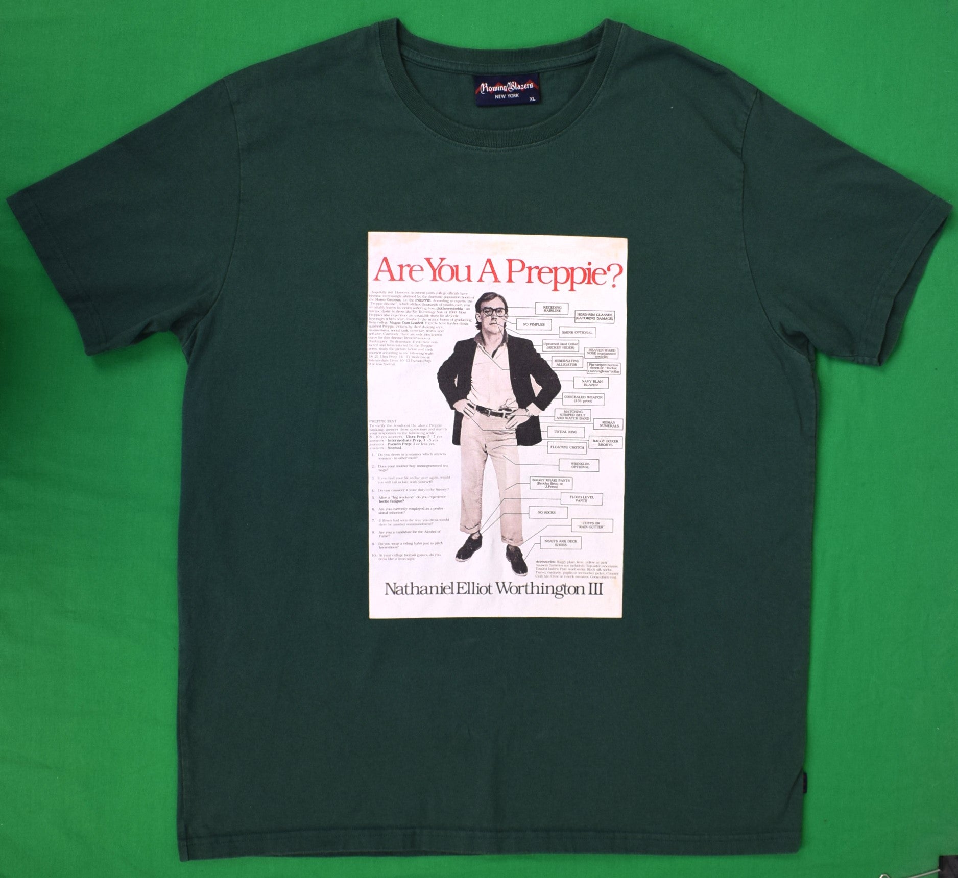 Rowing Blazers x Are You A Preppie? Bottle Green Cotton S/S Tee Shirt Sz XL