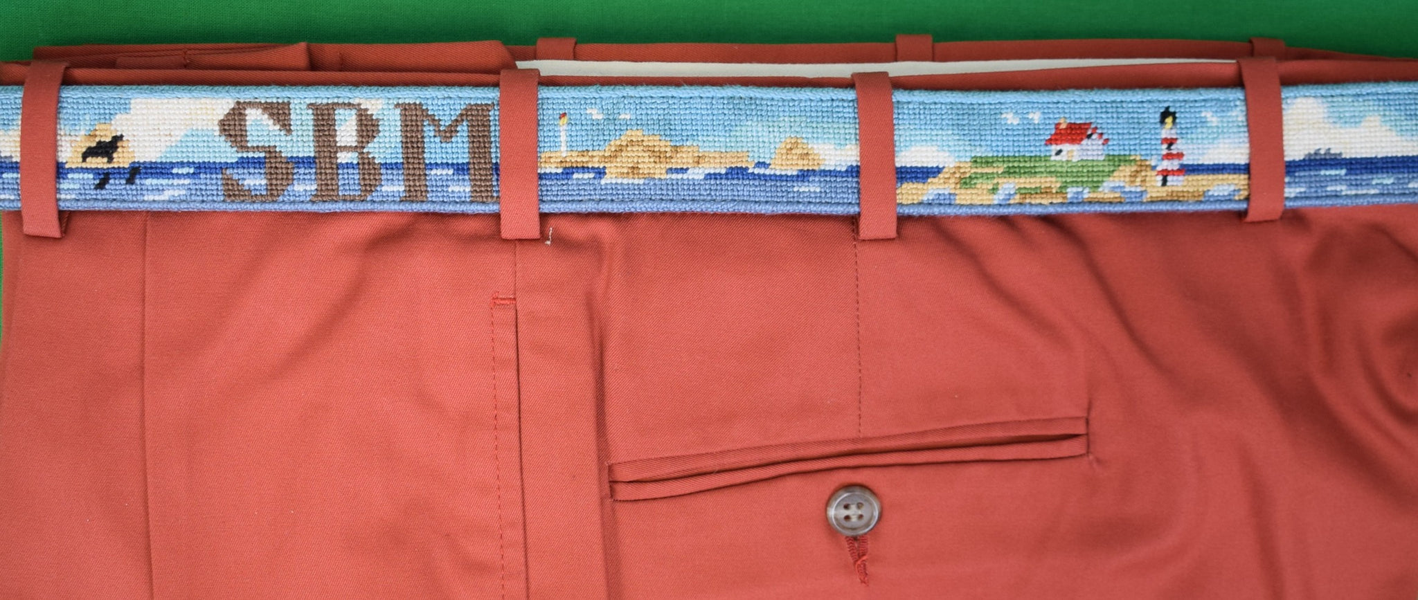 "Hand Needlepoint Boy's Belt w/ Seal Harbor, Maine Scene" Sz 28 (LNWOT)