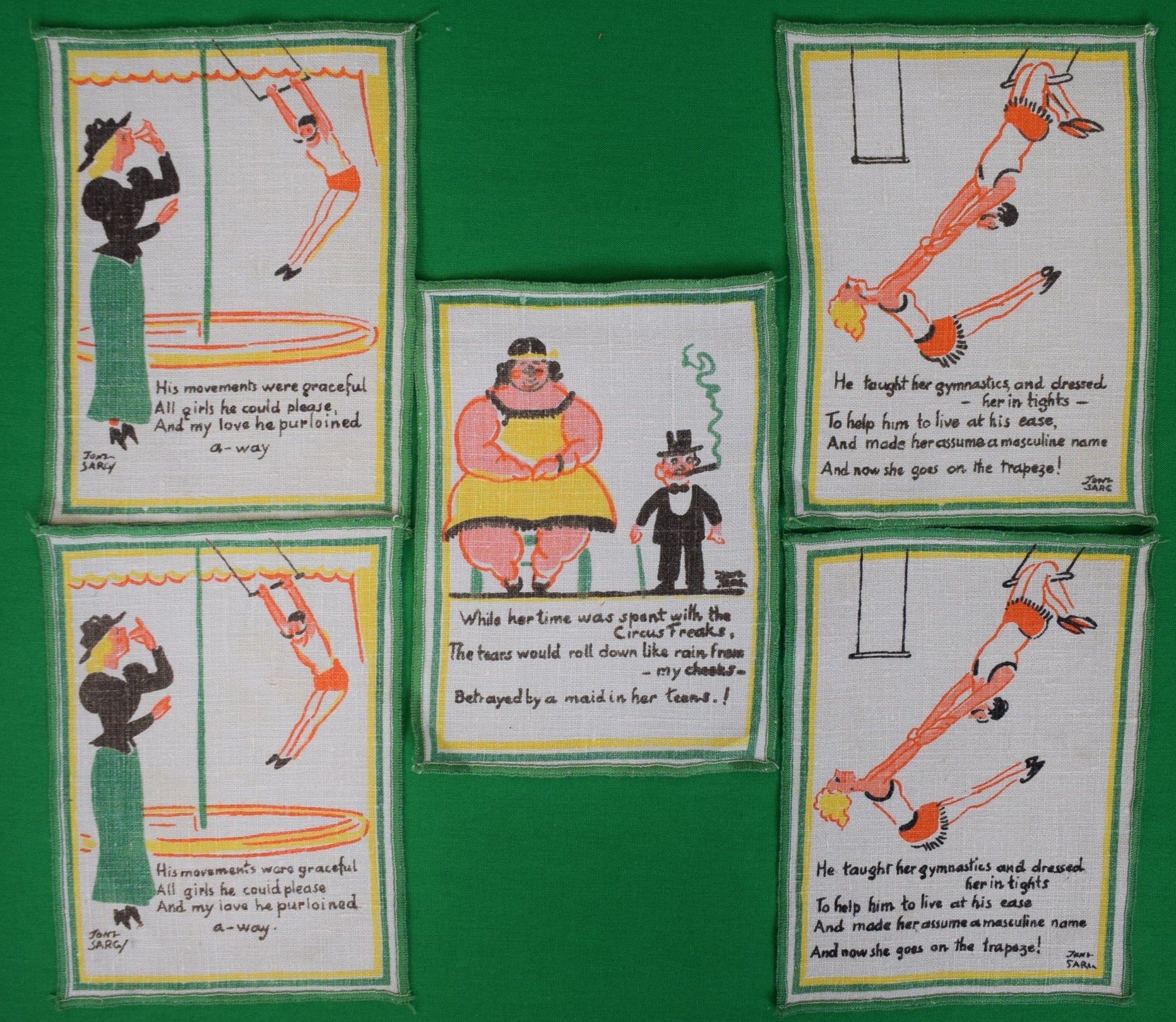 Set x 5 Tony Sarg Linen Circus Theme Cocktail Napkins