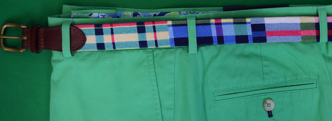"Brooks Brother Hand Needlepoint Patch Madras Plaid Belt" Sz 36