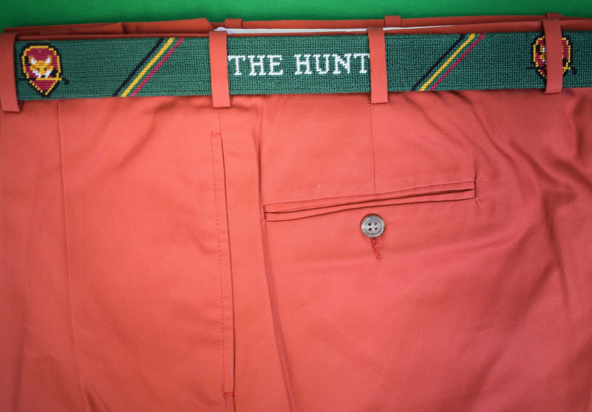 "Chevy Chase Club Fox Logo- The Hunt Hand Needlepoint S&B Green Members' Belt" Sz 34 NWT