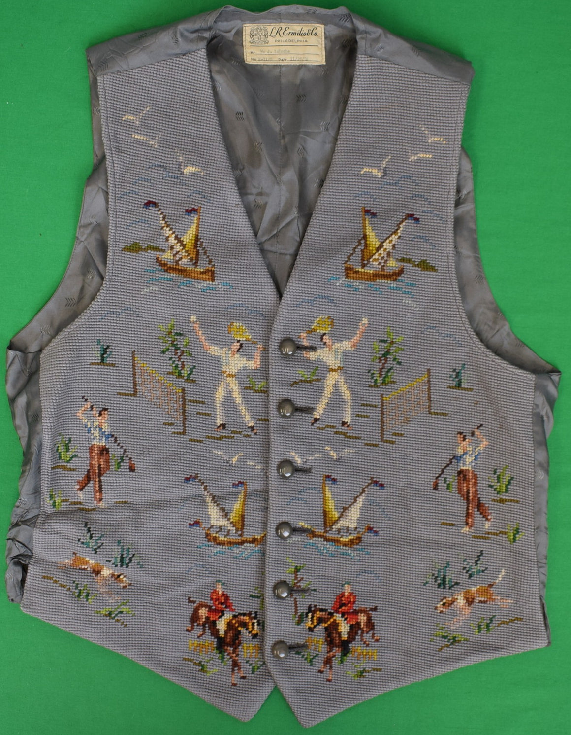 "Hand-Needlepoint c1956 Gentleman's Blue/ Grey Waistcoat w/ Sporting Pursuit Motifs" Sz 38