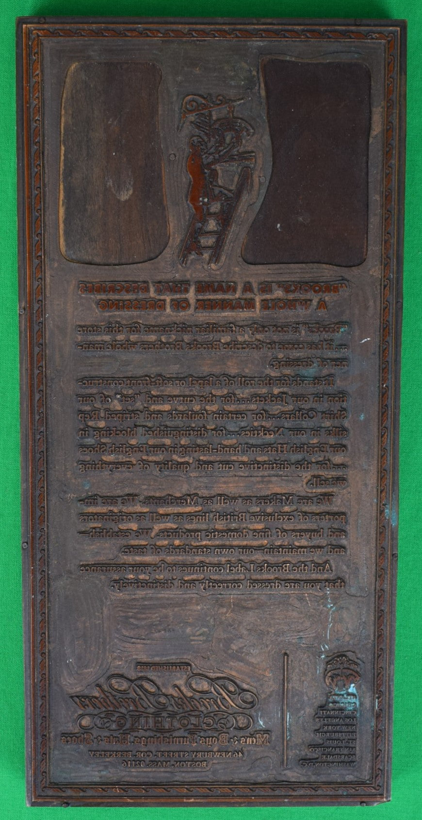 "Brooks Brothers Letterpress Wood Print Block Copper Advert Plate"