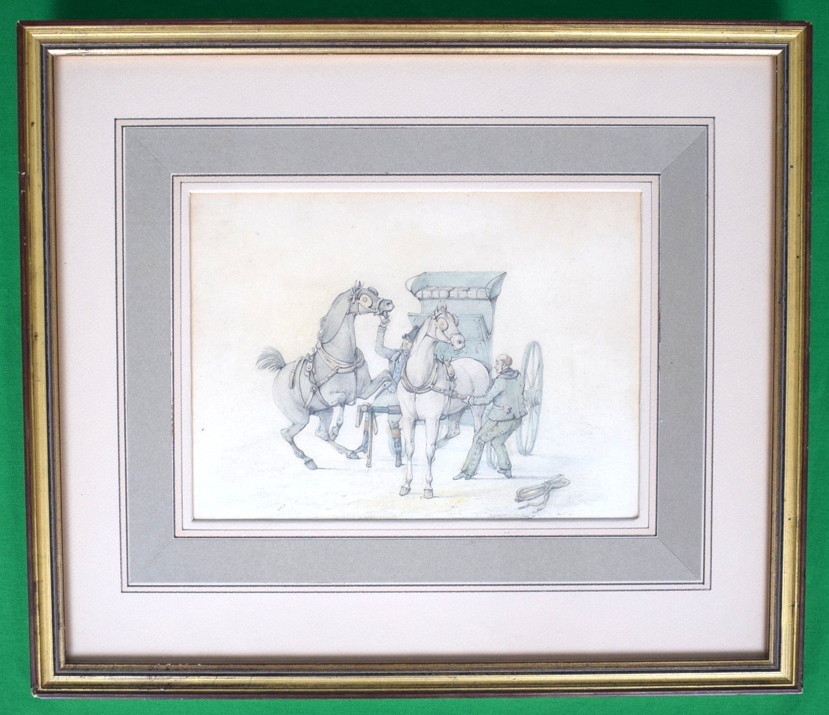 Putting a Pair to a Horse-Breakers Skeleton Brake" 18th C. Watercolour by Henry T. Alken Sr.