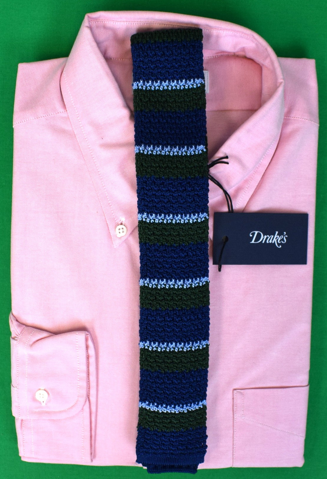 Drakes Made Italy Navy/ Green/ Sky Blue Horizontal Stripe Crunchy Knit Silk Tie (NWT)