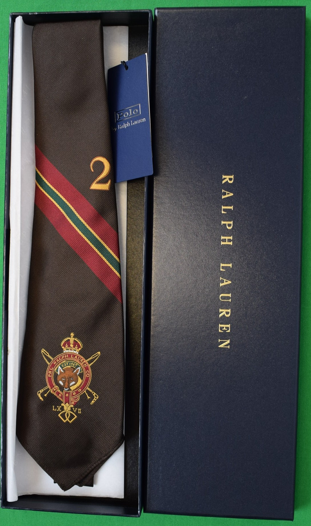 Polo Ralph Lauren Brown Repp Stripe Italian Silk Vintage Tie w/ Riding Crops & Fox Mask (NWT & RL Gift Box)