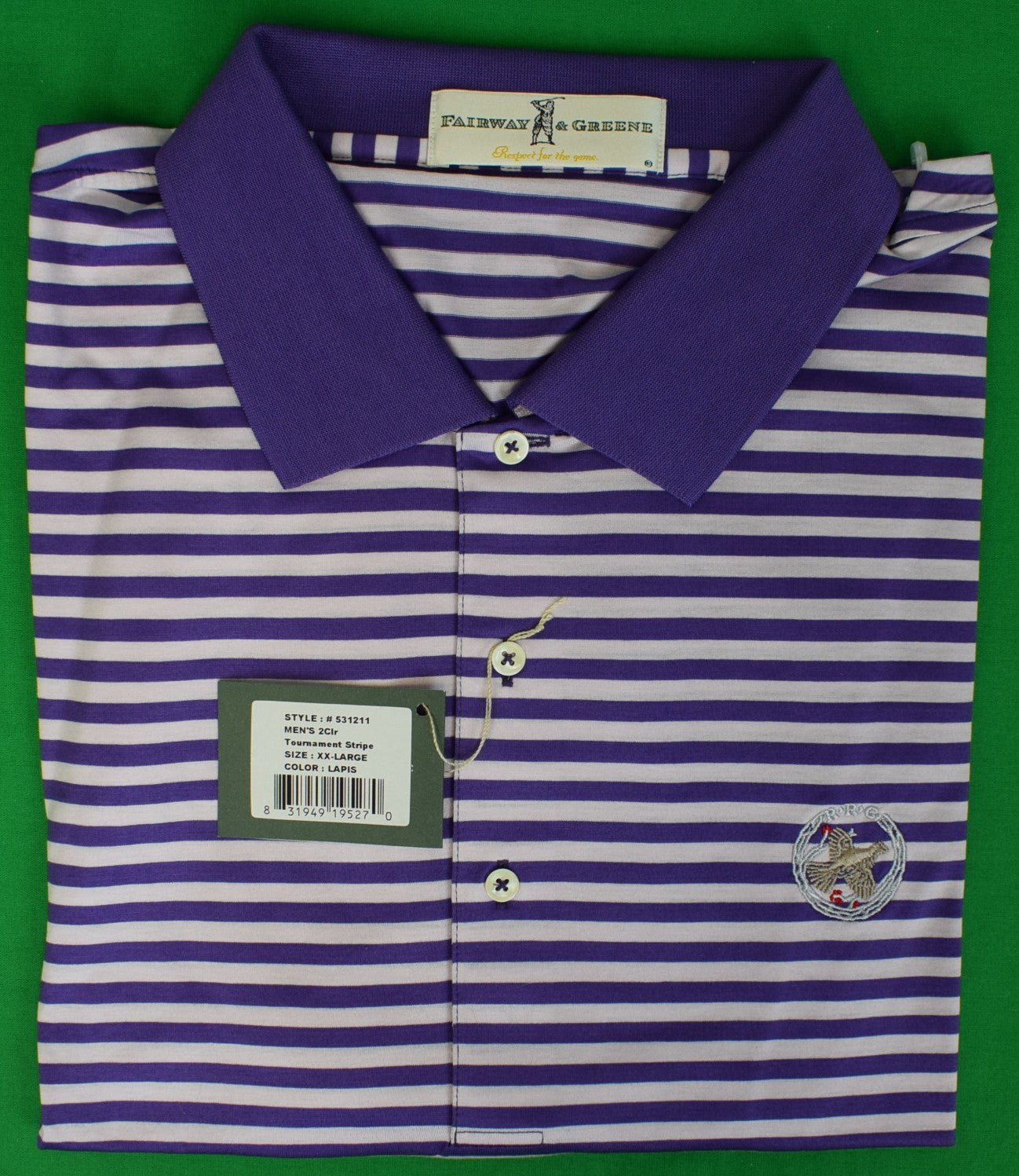 Rolling Rock Club x Fairway & Greene Lapis Purple/ White Tournament Stripe Golf Shirt Sz XXL (NWT)