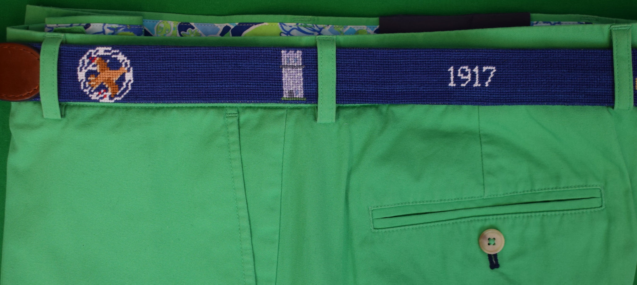 Rolling Rock Club x S&B Hand Needlepoint Navy Belt w/ 1917 & Quail Hunter's Motifs Sz 45