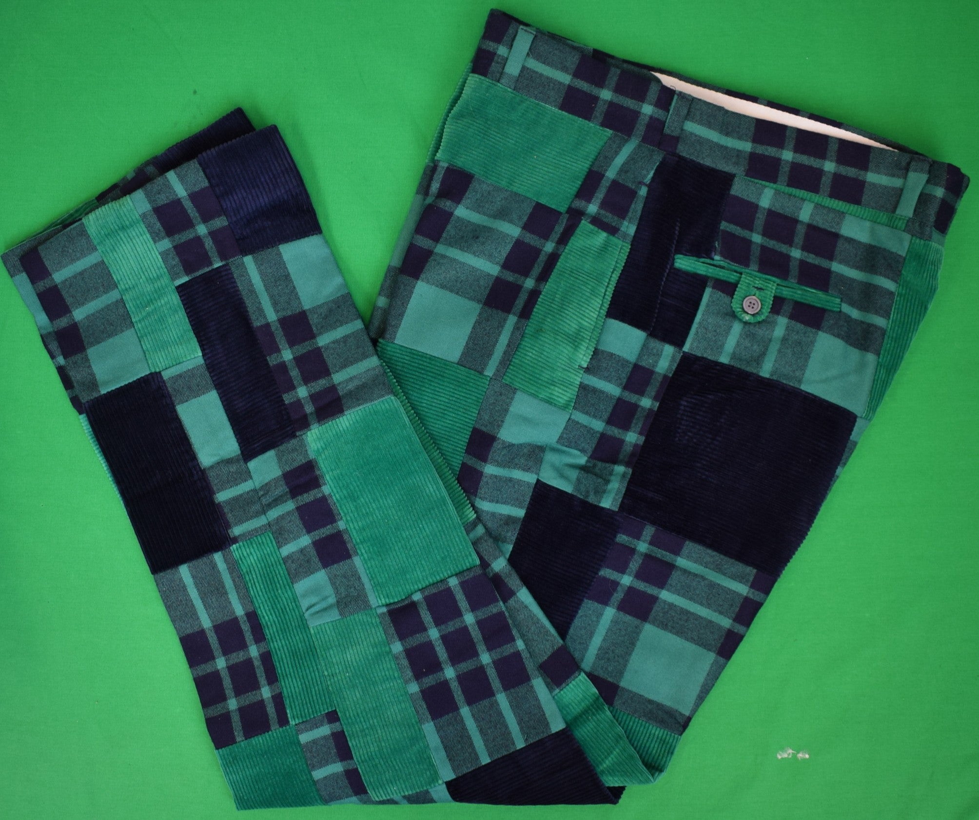 Chipp Navy/ Green Patchwork Corduroy/ Wool Flannel Tartan Plaid Trousers Sz 40