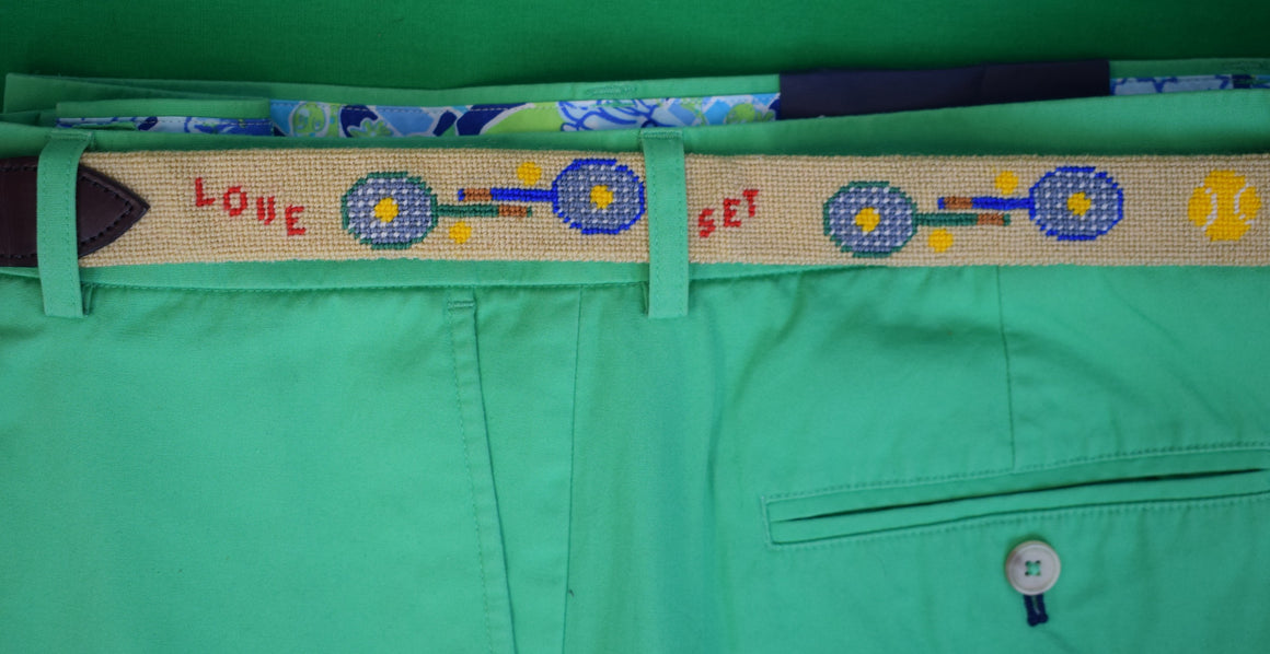 Hand Needlepoint Tennis Racquet Belt Sz 38